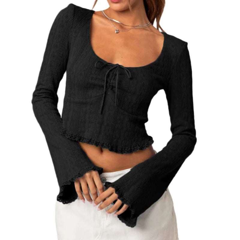 Pydshop Chic Jacquard Vintage Crop Top Autumn Long Sleeve Tee Shirts Female V Neck Tie UP Bow T shirts Y2K Lace Hem Shirts Clothing