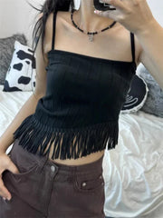 Pydshop Korean Sexy Backless Lace Up Camisole Tops Y2k E-Girl Slim Fit Tassel Tank Top 2024 Summer New Straight Black Vest for Women