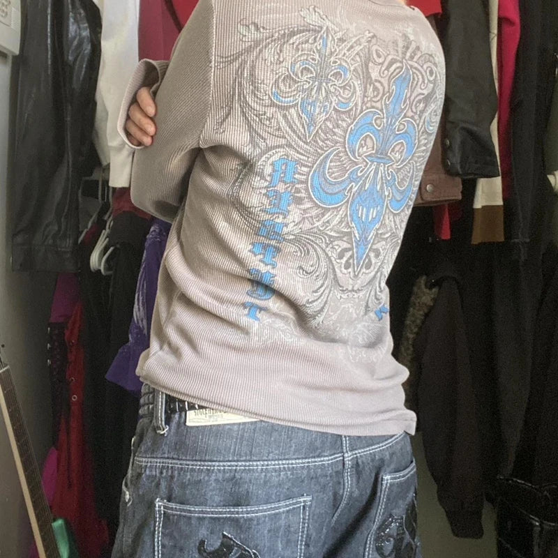 Pydshop Graphic Print O Neck Long Sleeve Oversized T-shirt 00s Vintage Emo Baggy Tops Y2K Cyber Grunge Clothes Harajuku Streetwear