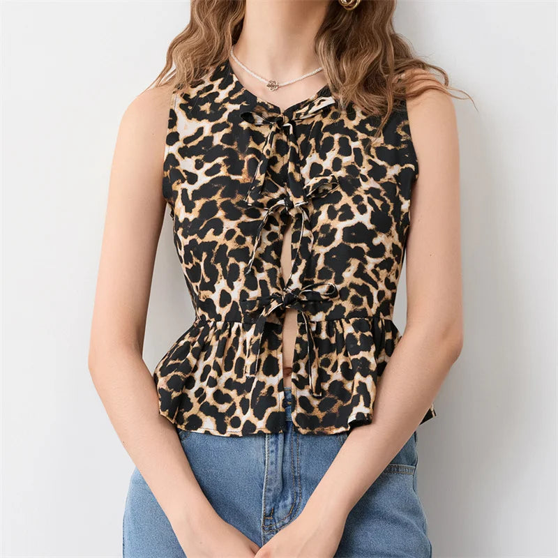 Pydshop Fashion Leopard Print Tie Front Vest for Women Y2k Cheetah Print Peplum Tank Top Ruffle Hem Sleeveless Going Out Wear