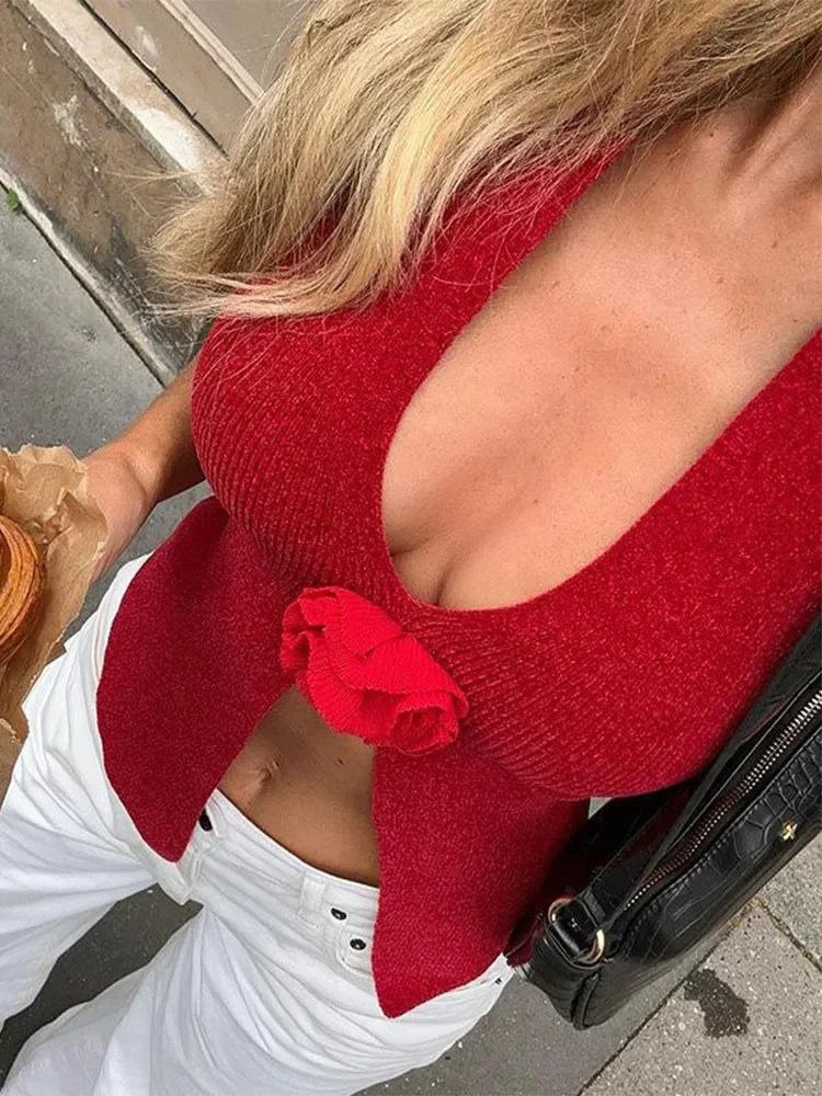 Pydshop Halter Neck Sleeveless 3D Flower Solid Crop Top