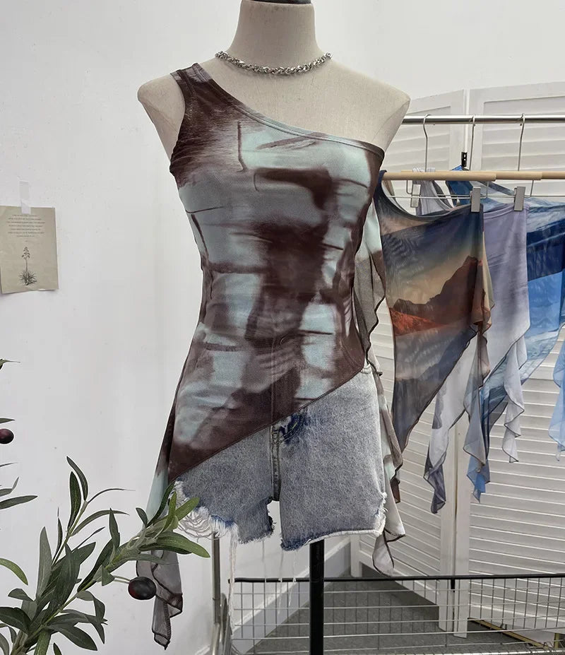 Pydshop Ladies Off-shoulder Camisole Slim Fit Vest Hot Girl Sexy Tie-Dye Mesh Irregular Ribbon Tank Top Ruffled Party Leisure Essential