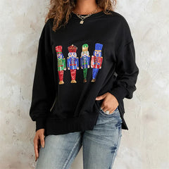 Pydshop Christmas Sequin Sweatshirt Funny Holiday Graphic Sweater Tops Print Crew Neck Long Sleeve Sweatshirts Women Party Clubwear