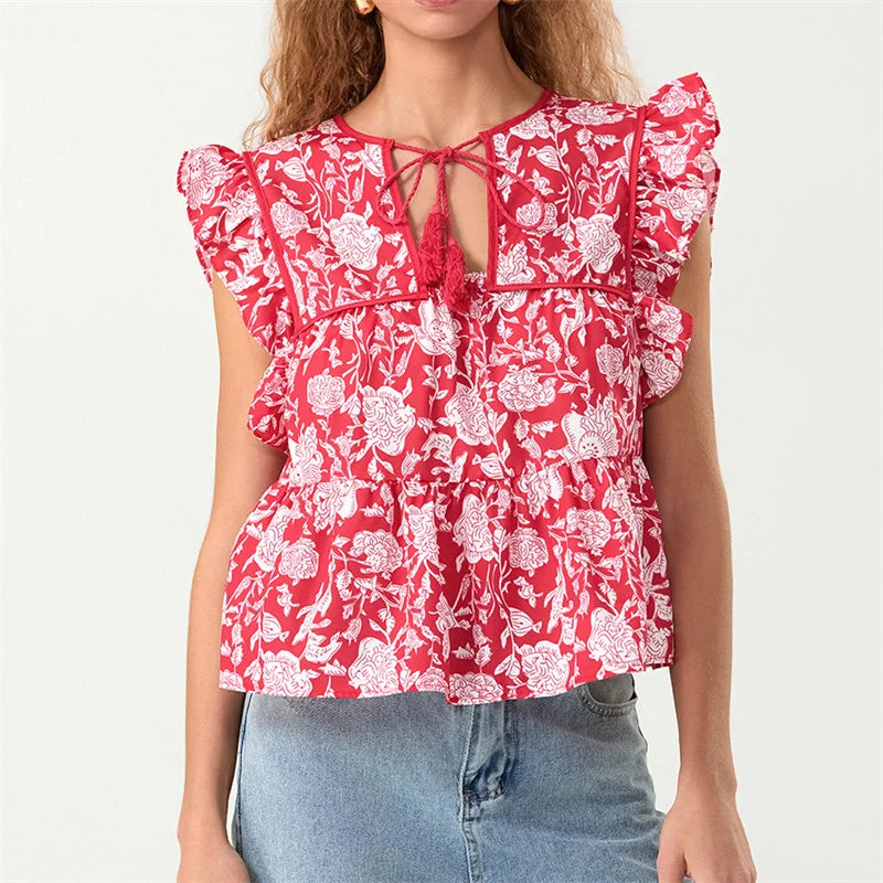 Pydshop Women Boho Tie Front Peplum Top Stripe Floral Print Flowy Fringe Sleeve Ruffle Crop Top Babydoll Blouse Tee Shirt Party Clubwear