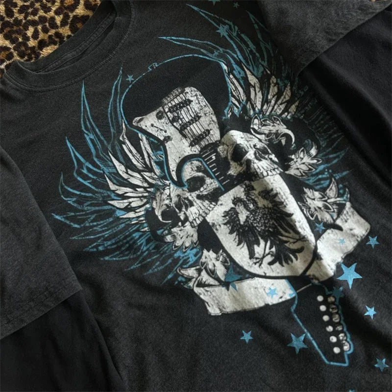 Pydshop Fairy Grunge Wing Skull Graphic T-Shirts Women Y2k Gothic Long Sleeve Tee Top Vintage Aesthetic Emo Clothes 2000s Streetwear