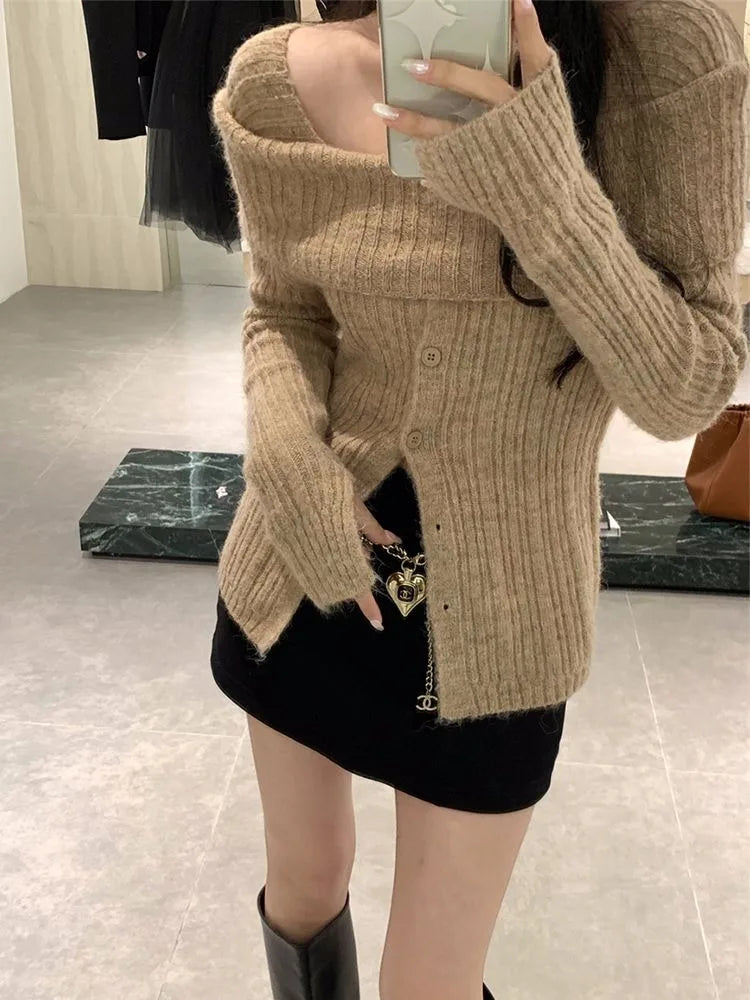Pydshop  Korean Gray Off Shoulder Knit Sweater Women Old Money Style Long Sleeve Jerseys Y2K Gyaru Slash Neck Basic Jumper Tops