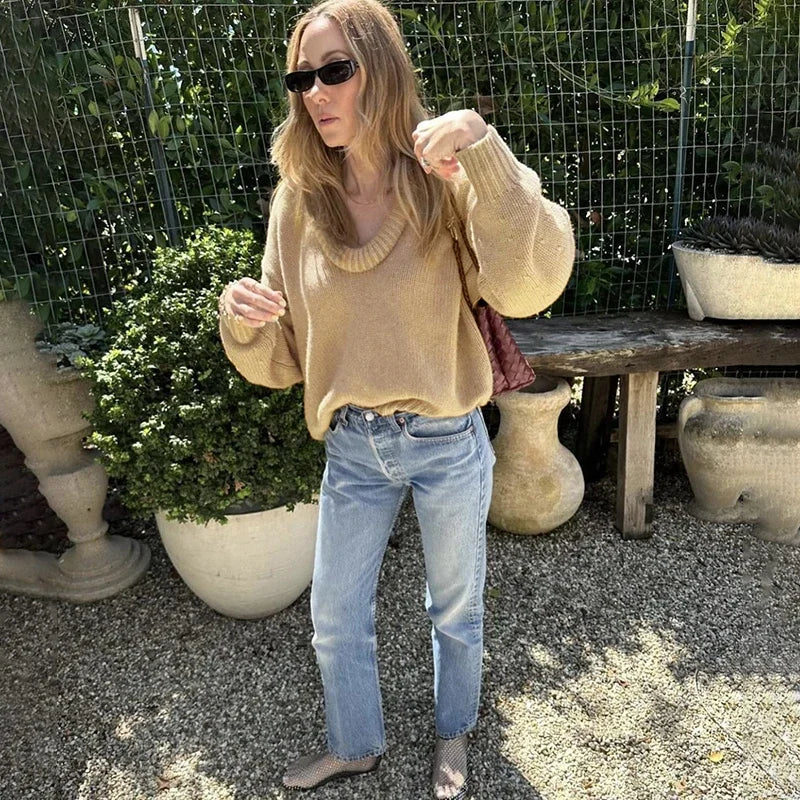 Pydshop Fashion Casual Round Knit Sweater For Women Solid Color Loose Autumn 2024 New Pullovers Long Sleeve Female Knitted Top