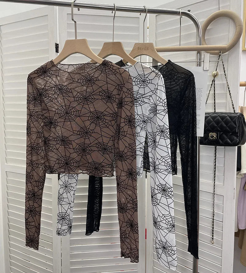 Pydshop Spider Print Mesh See Through Bottoming  Long Sleeve T-shirt Dark Hot Girl Slim Short Top y2k PartyClub Wear Daily Essential9908