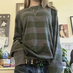 Pydshop Women's Y2k Grunge Striped T-Shirt Contrast Color Long Sleeve Round Neck Waffle Casual Pullover Tops Emo Girl Clothes Streetwear