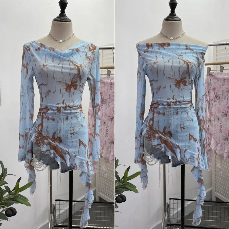 Pydshop Women Retro Ink Print Tie Dye See Through Mesh Long Sleeve Top Sexy One Shoulder Irregular Ruffled Top Y2k PartyClub StreetWear