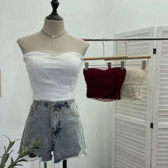 Pydshop Ladies Sexy Thai Hot Girl Mesh Splicing Chest Wrap Sleeveless Top Short Navel Baring Slim Tube Top With Breast Pads 8865 Outfits