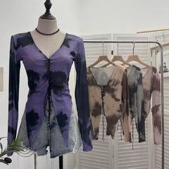 Pydshop Retro Hot Girl Tie Dye Printed Long Sleeve Shirt V-neck Lace Up Irregular Shoulder Pads T-shirt Short Top Casual Streetwear 2622