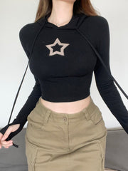 Pydshop Knitted Star Patches Hooded Crop Top
