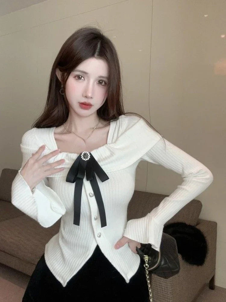 Pydshop Sweet Bow Square Collar Blusas Mujer 2024 Early Autumn New Slim Fit Split Sweaters Y2k Slong Sleeve Knitted Tops Women T Shirt