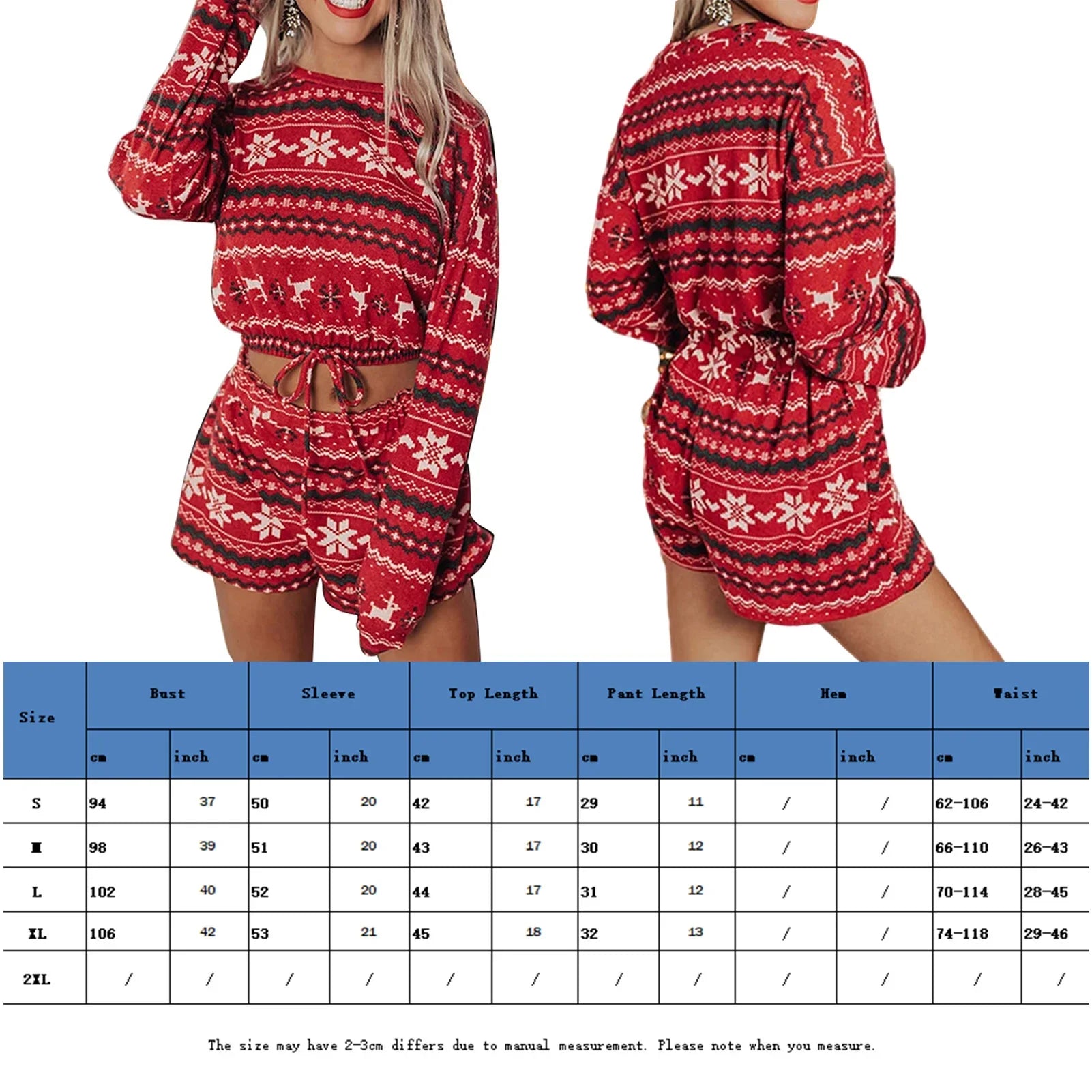 Pydshop Christmas Long Sleeve Top Shorts Loose Fit Women Warm Pullover Pants Drawstring 2 Piece Cute Pajamas Set Sleepwear Outfit