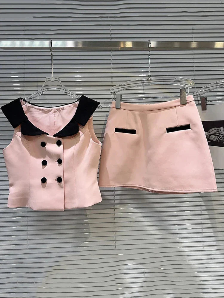 Pydshop Contrast Short Sleeve Buttoned Vest Top And Mini Skirt Set