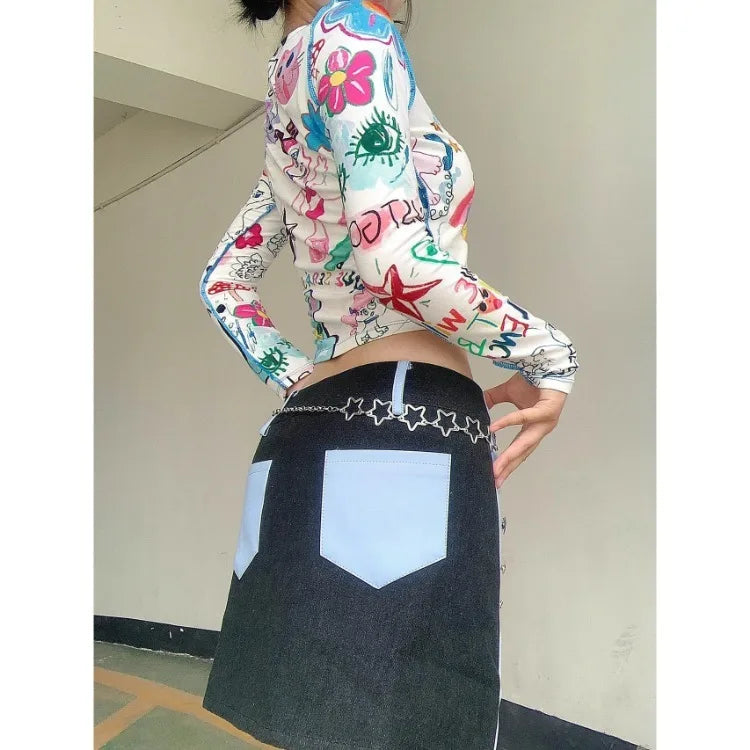 Pydshop Harajuku Kawaii Vintage Graffiti Print T-shirts Y2k Long Sleeve Bottoming Tops Women 204 Summer New O-neck Slim Fit Tee Shirt