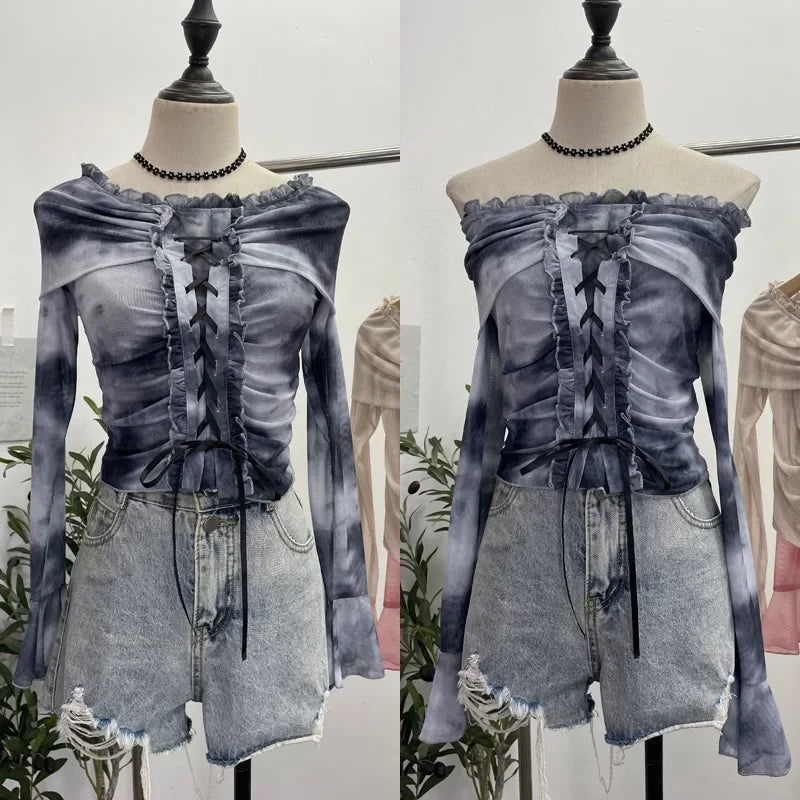 Pydshop Women's Retro Tie Dye Lace Up Waist-baring Short Top Sexy One Shoulder Mesh Trumpet Long Sleeve Top y2k PartyClub StreetWear