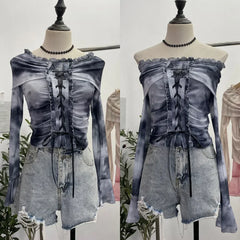 Pydshop Women's Retro Tie Dye Lace Up Waist-baring Short Top Sexy One Shoulder Mesh Trumpet Long Sleeve Top y2k PartyClub StreetWear