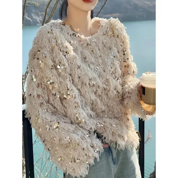 Pydshop Korean Chic Sequin Tassel Sweaters Mujer 2024 Autumn New O-neck Plush Knitted Pullover Y2k E-Girl Long Sleeve Tops Women