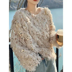 Pydshop Korean Chic Sequin Tassel Sweaters Mujer 2024 Autumn New O-neck Plush Knitted Pullover Y2k E-Girl Long Sleeve Tops Women