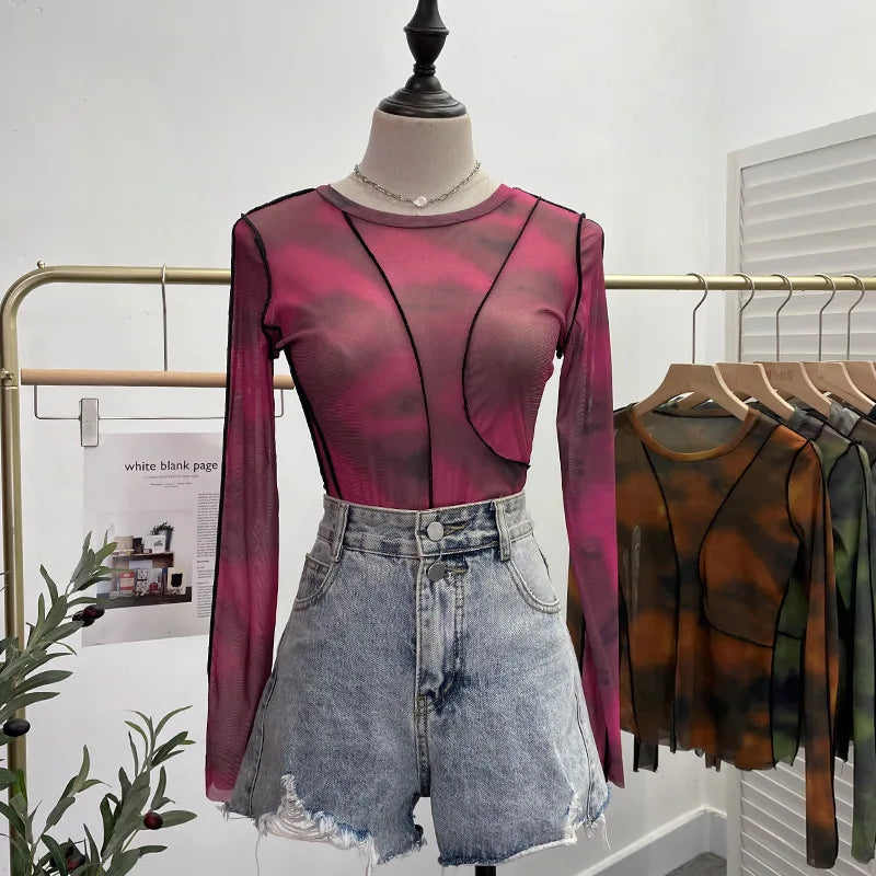Pydshop Retro Smudged Print Sexy See Through Mesh Bottoming Shirt Slim Long Sleeved Top Y2K T-shirt Party Leisure Essential Streetwear