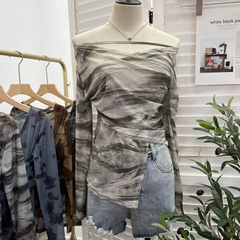 Pydshop Women's Sexy Irregular Cross V-Neck Long Sleeve Top Sexy Tie Dye Print Pleated Mesh Off Shoulder Top Casual Party Streetwear