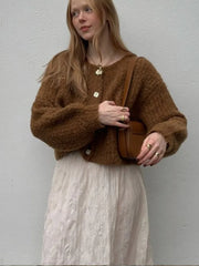 Pydshop Fashion Reddish Brown Warm Cardigan Sweater For Early Autumn 2024 Women Short Style New Winter High Street Loose Versatile Top