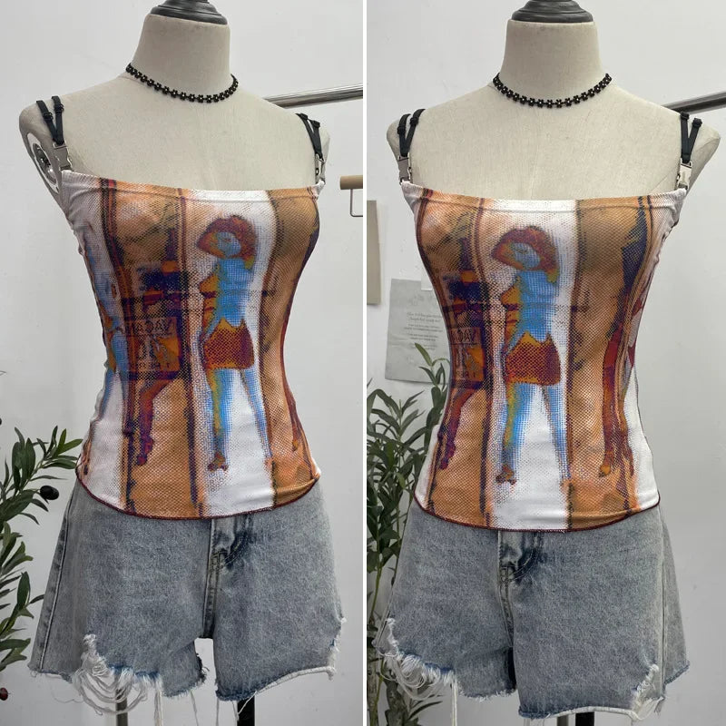 Pydshop Women's Retro Print Chic Camisole Top Sexy Slim Fit Camisole Short Sleeveless Tube Top 8830 Party Casual Holiday Street Outfits