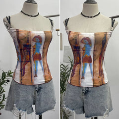 Pydshop Women's Retro Print Chic Camisole Top Sexy Slim Fit Camisole Short Sleeveless Tube Top 8830 Party Casual Holiday Street Outfits
