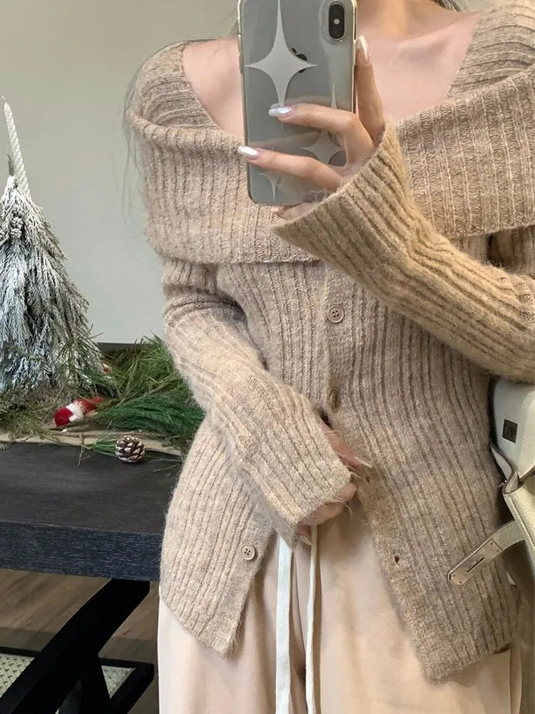 Pydshop  Korean Gray Off Shoulder Knit Sweater Women Old Money Style Long Sleeve Jerseys Y2K Gyaru Slash Neck Basic Jumper Tops