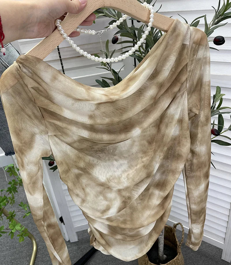 Pydshop Retro Tie Dye Pleated One Shoulder Long Sleeved T-shirt For Women Summer Sexy See Through Mesh Irregular Top y2k PartyClub Wear