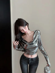 Pydshop Fashion Swing Neck Silver Long Sleeved Tops Mujer 2024 Spring Autumn New T-shirt for Women Y2k Slim Fit  Sleeve Tee Shirt