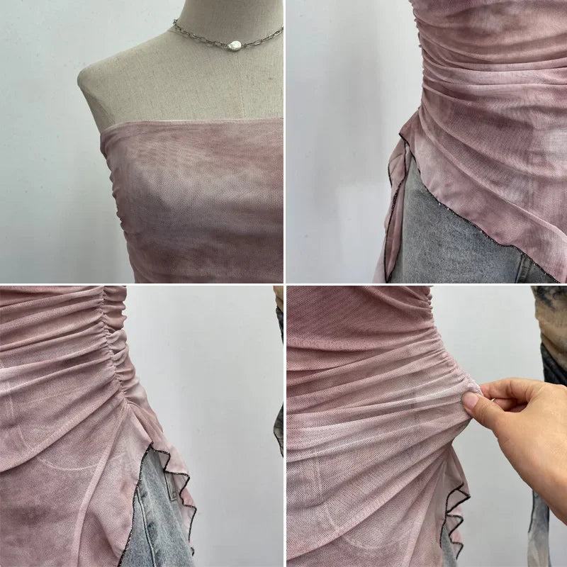 Pydshop Women's Tie Dye Ruffled Ribbon Mesh Tube Top Irregular Mesh Sleeveless Tube Top Sexy Backless Vest Party Leisure Essential Y2K