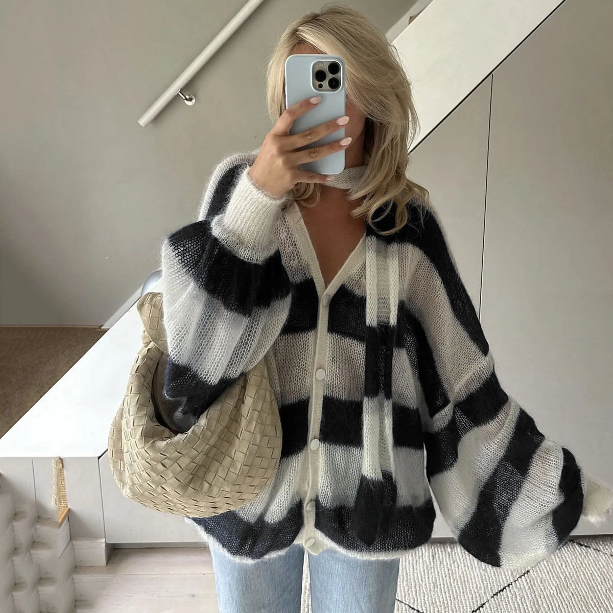 Pydshop Fashion Striped Sweater Cardigan With Scarf Female Loose Thin Hollow Knitted Top Lantern Sleeve Contrast Color Retro Top