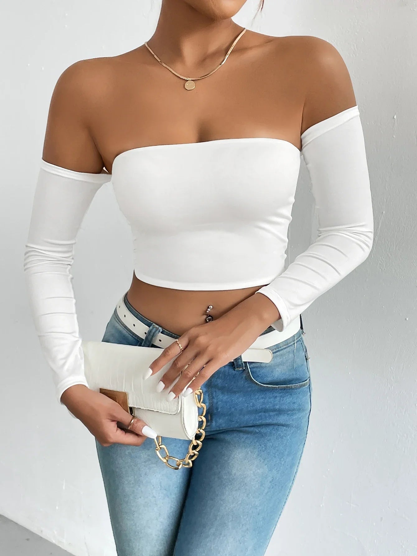 Pydshop Off Shoulder Crop T-Shirt, Casual Long Sleeve Top For Spring & Fall, Women's Clothing