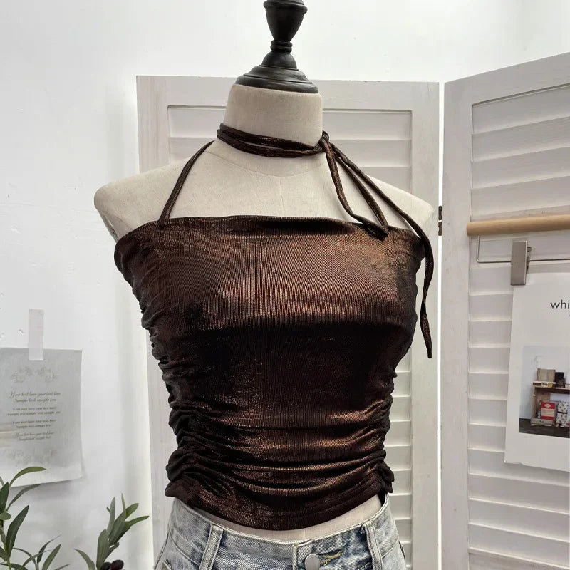Pydshop Women's Sexy Pleated Halter Neck Gilt Sleeveless Short Camisole Y2K Tube Top Casual PartyClub Streetwear Essential Outfits 1368