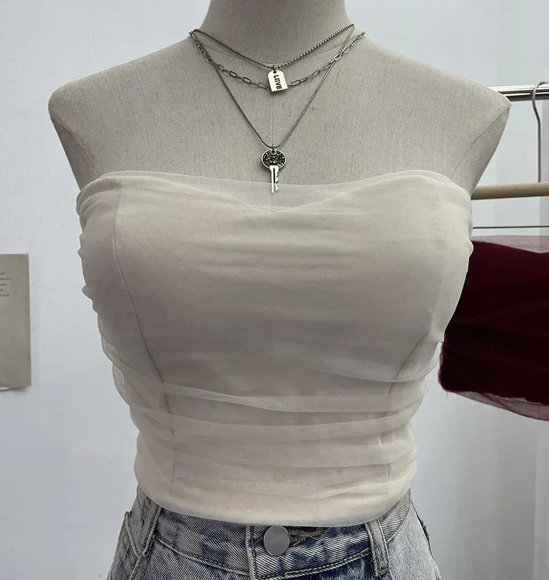 Pydshop Ladies Sexy Thai Hot Girl Mesh Splicing Chest Wrap Sleeveless Top Short Navel Baring Slim Tube Top With Breast Pads 8865 Outfits