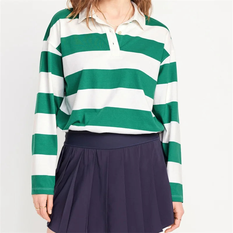 Pydshop Harajuku Striped Sweatshirt Women Y2k Preppy Style Turn-down Collar Loose Pullover Korean Fashion Sweatshirt Long Sleeve Tops