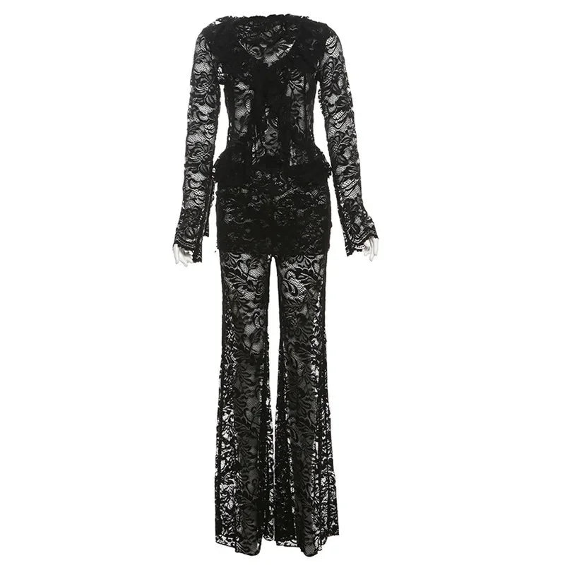 Pydshop Women's Lace Long Pant Sets Sexy See Through Slim Cardigan Top High Waist Trousers Female Fashion Matching Sets Autumn