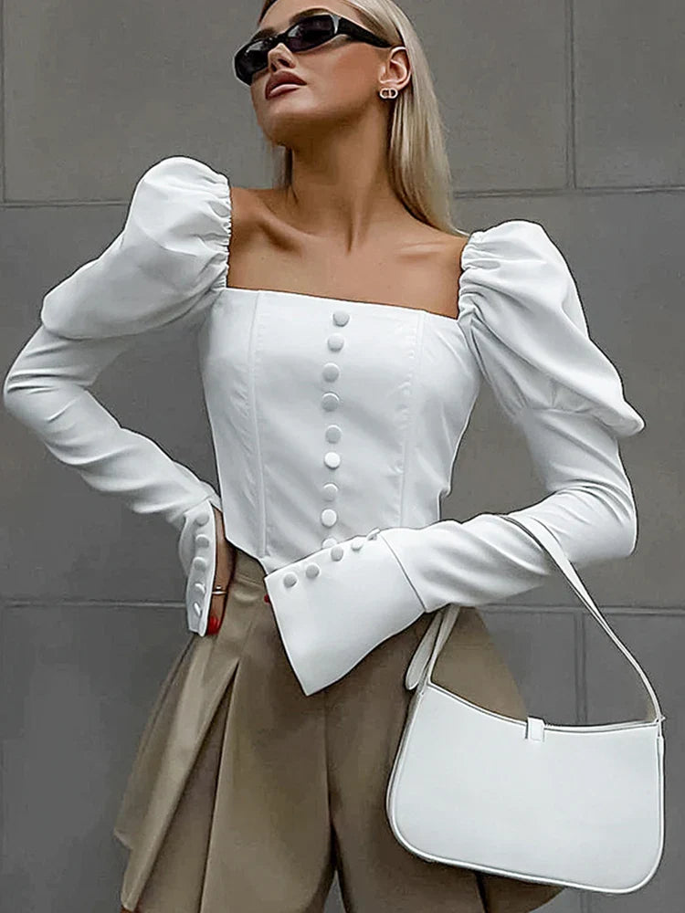 Pydshop Flare Puff Sleeve Open Shoulder White Top