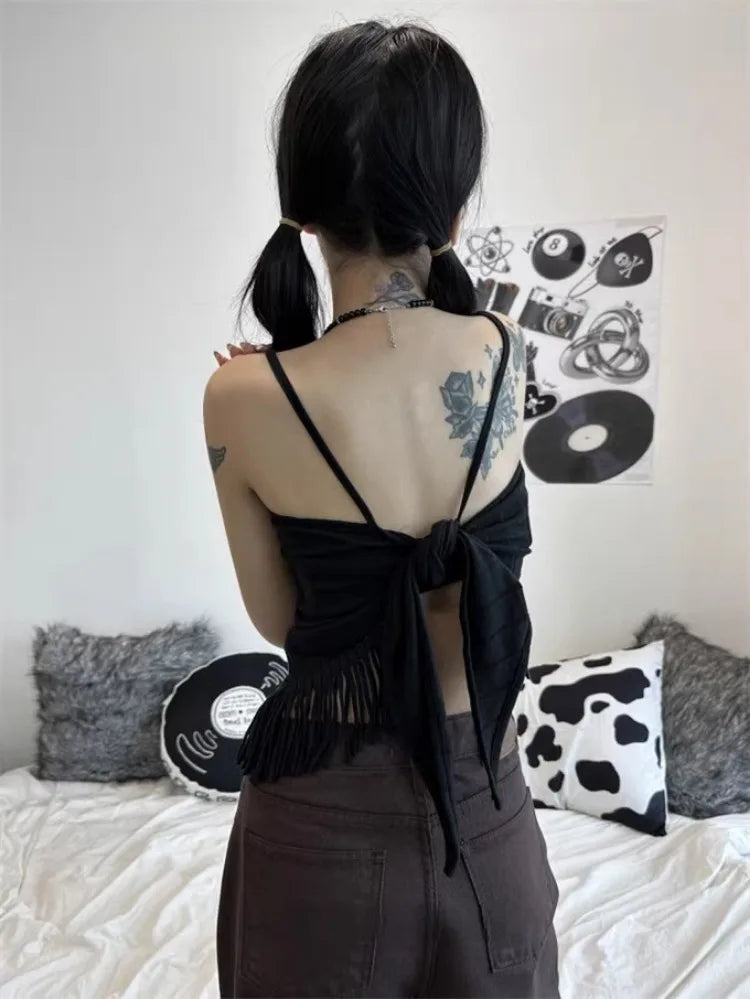 Pydshop Korean Sexy Backless Lace Up Camisole Tops Y2k E-Girl Slim Fit Tassel Tank Top 2024 Summer New Straight Black Vest for Women