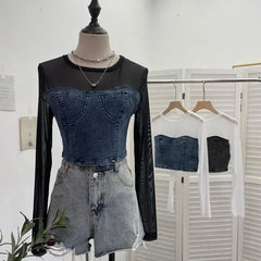 Pydshop Women Street Fake Two Piece Denim Splicing Mesh Long Sleeve Slim Fit Crop Top Y2K Top Casual Holiday PartyClub Streetwear 2623