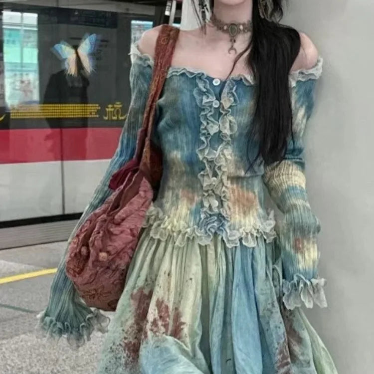 Pydshop Elegant Vintage Tie Dye Slim Fit Fungus Long Sleeve Tops Women+ Y2k High Waist Ruched Skirts 2024 Summer New Two Piece Sets