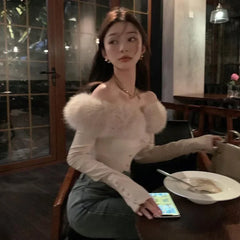 Pydshop Sexy Off Shoulder Long Sleeve Tops Mujer Y2k Slim Fit Knitted T-shirt for Women 2024 Early Autumn New Detachable Tee Shirt