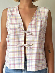 Pydshop Women Y2k Gingham Tie front Tank Top Sleeveless V-Neck Open front Vest Crop Top Aesthetic Vintage Summer Cami Shirt Streetwear