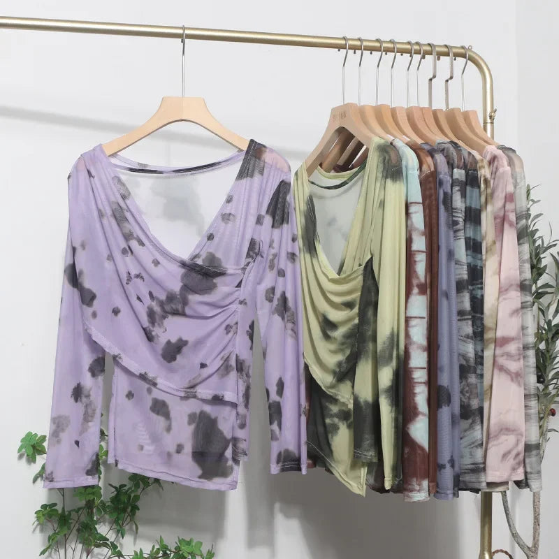 Pydshop Women's Sexy Irregular Cross V-Neck Long Sleeve Top Sexy Tie Dye Print Pleated Mesh Off Shoulder Top Casual Party Streetwear