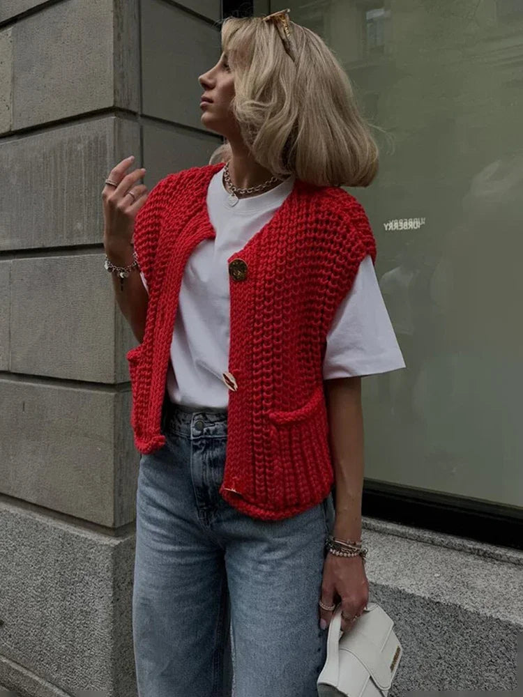 Pydshop Fashion Sleeveless Knitted Cardigan Vests For Women Autumn New Short Sweater Button With Pockets Solid Color Knitted Top