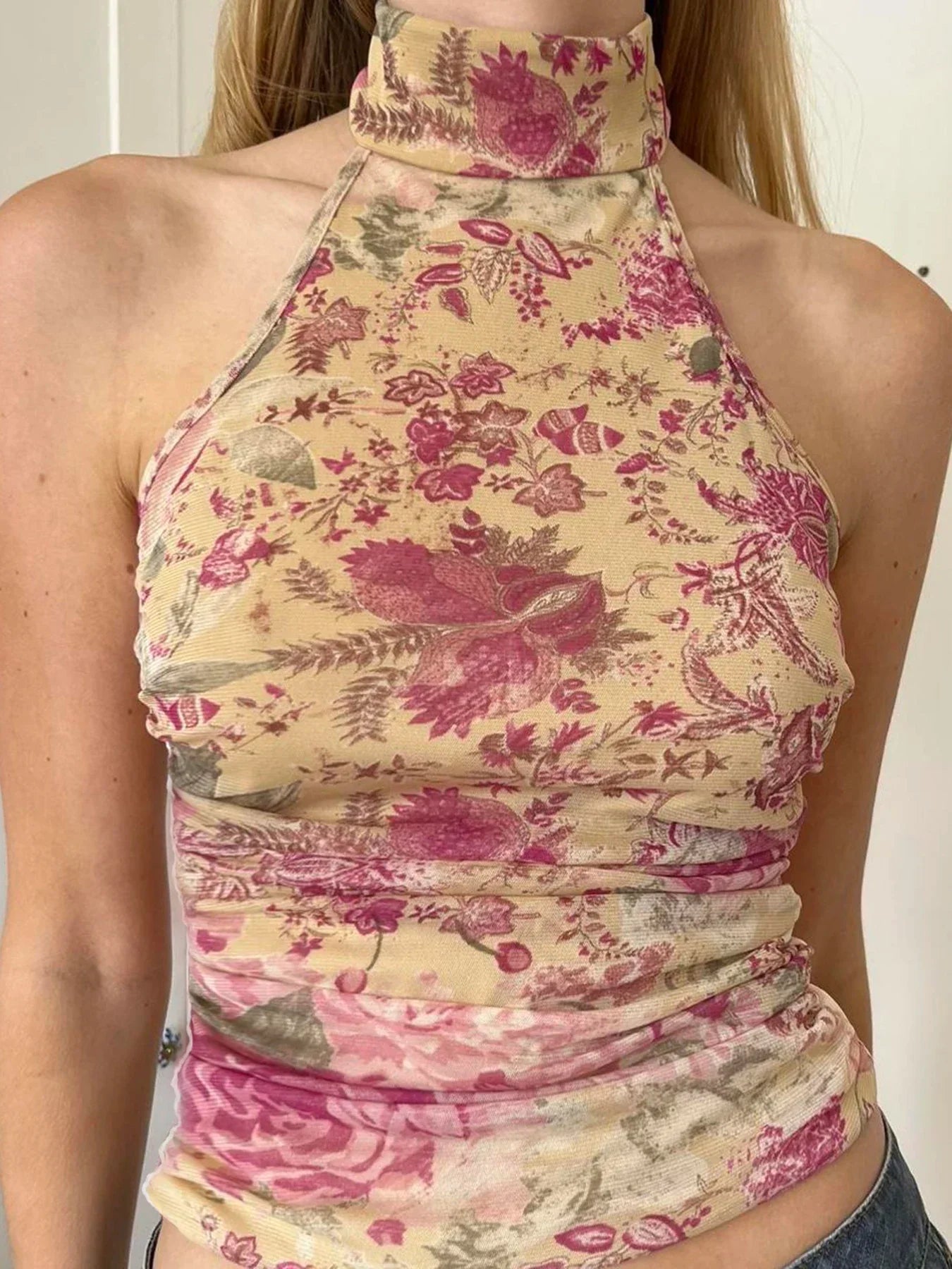 Pydshop Boho Floral Print Turtleneck  Halter Top