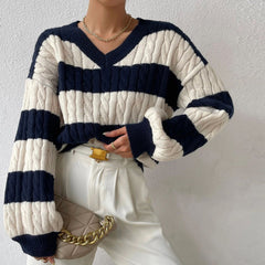 Pydshop Striped Drop Shoulder Sweater Fashion Women Loose Sweater Long Sleeve Simple Knitwear V-Neck Contrast Casual Sweater Top Fall Outfits 2023